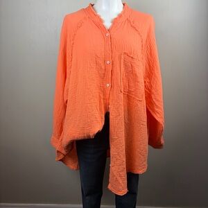 Aerie Vibrant Orange Gauzy Classic Oversized Boho Button-Down Shirt